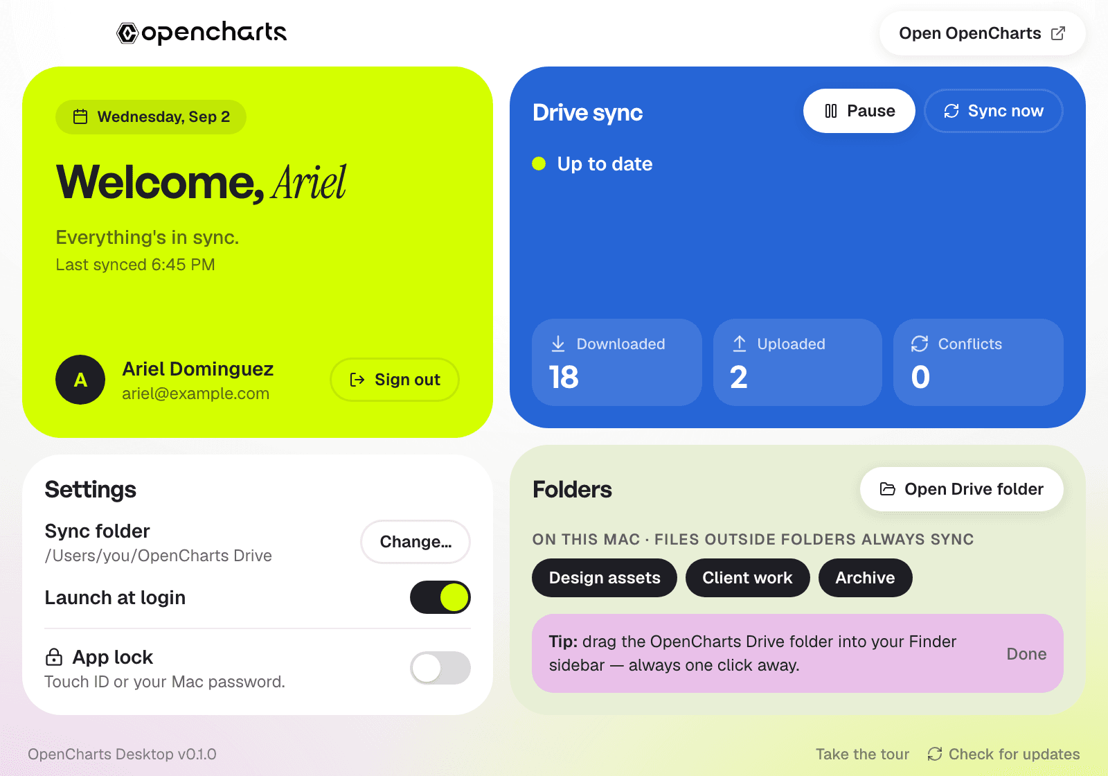 The OpenCharts Desktop window: a greeting card, Drive sync status with Pause and Sync now, the Folders card with selective sync, and Settings with Launch at login and App Lock.
