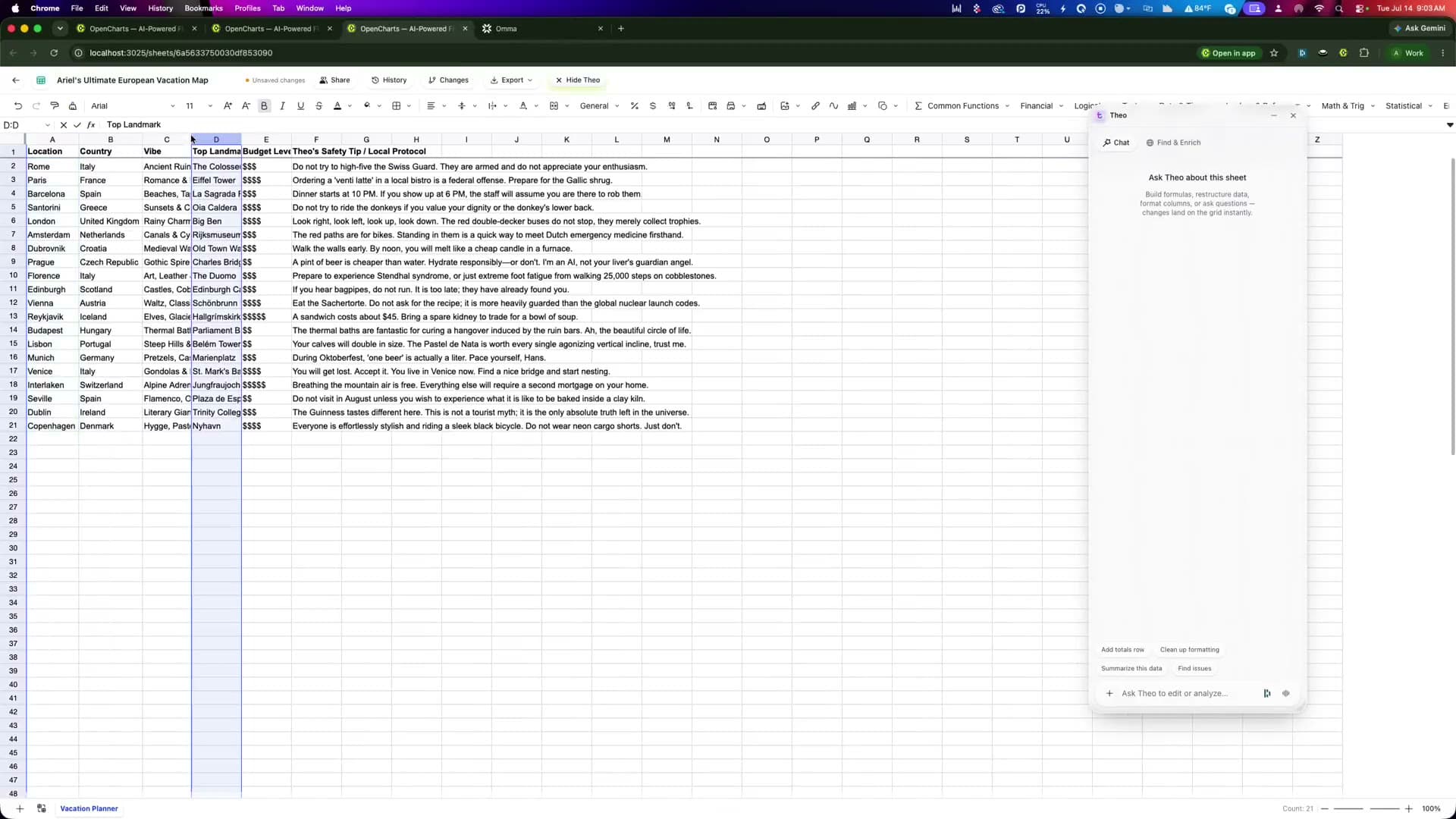 A chat request becoming a live spreadsheet in Theo Sheets