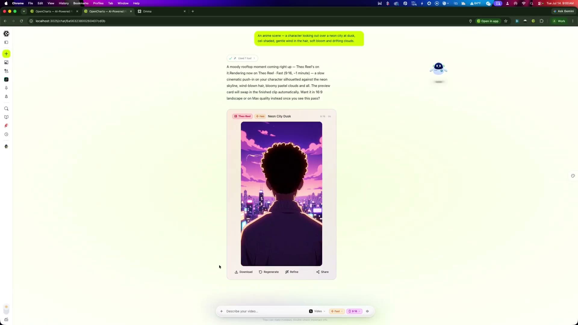 Theo Reel generating video inside OpenCharts