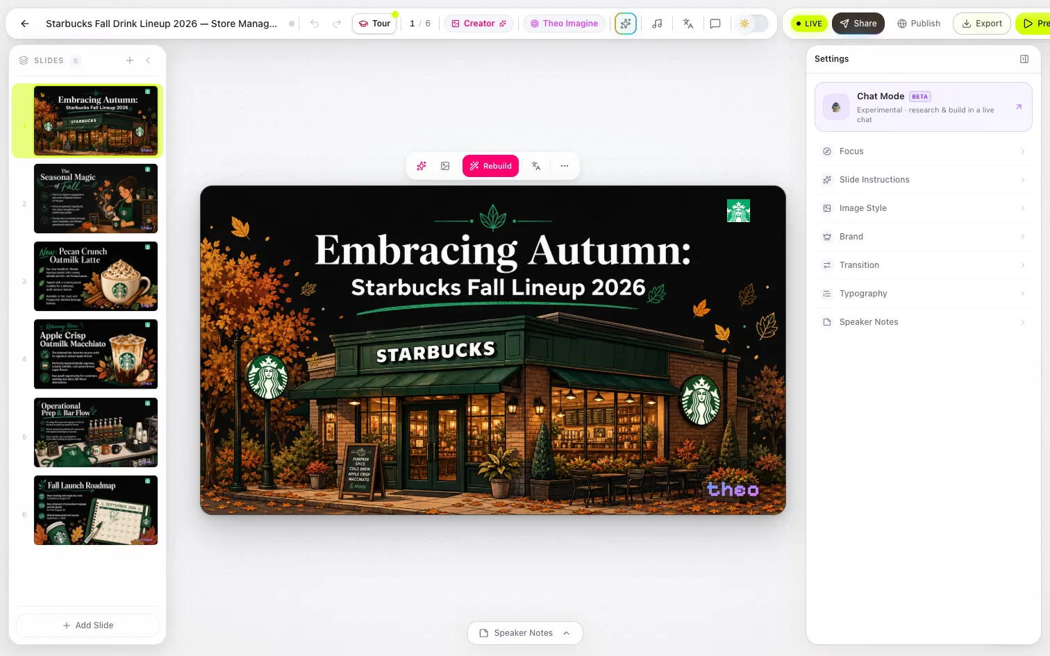 A themed deck in the presentation editor, with the slide rail and design settings