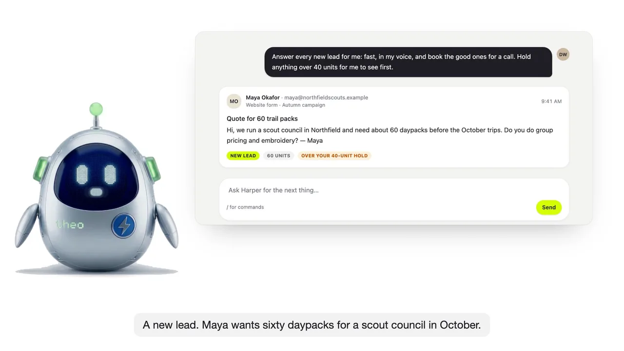 Theo Agent answering a new lead: the reply drafted in the owner's voice, logged in the CRM, held for approval